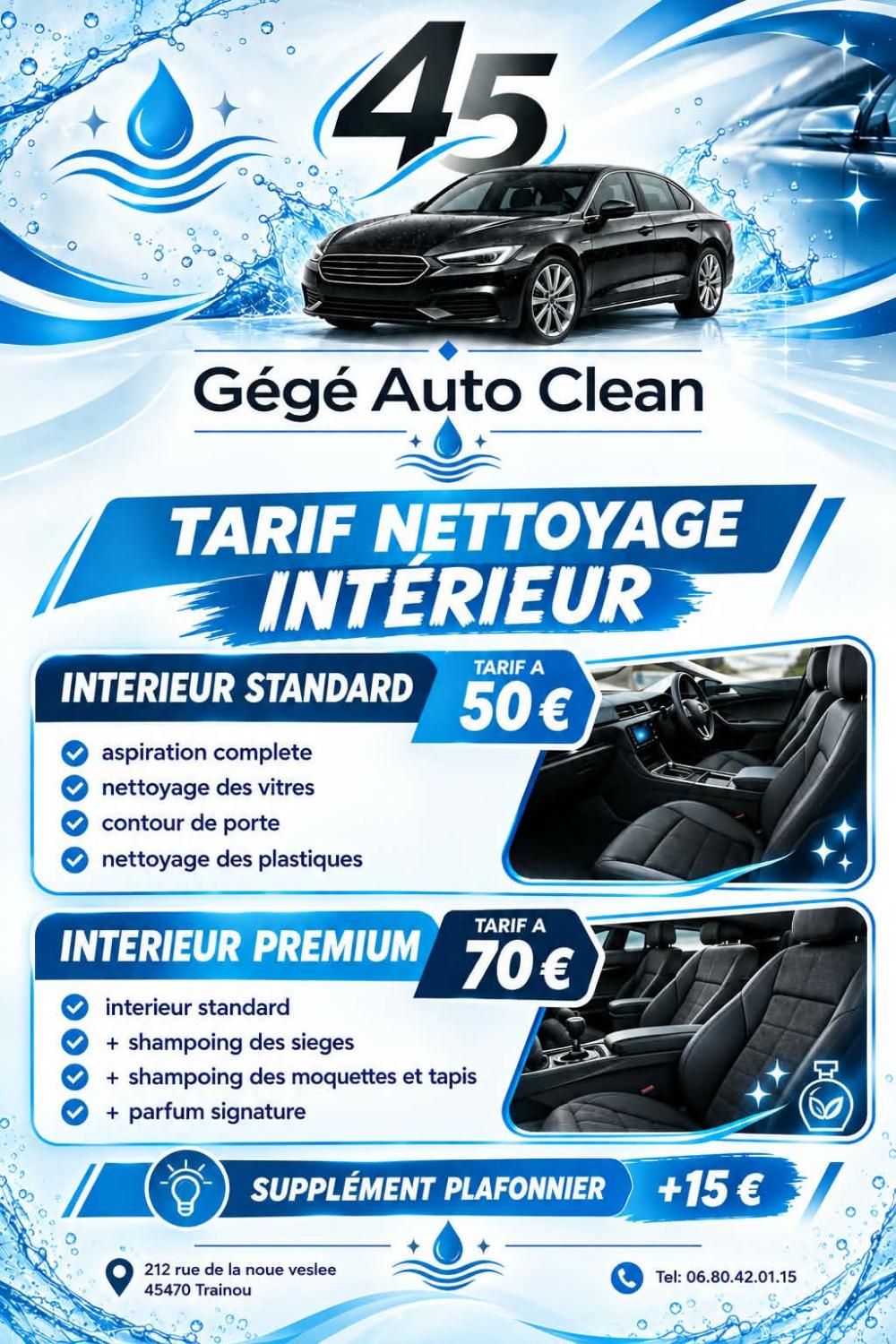 Flyer tarif Gégé Auto Clean — nettoyage intérieur